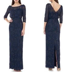 Js Collections Navy Blue & Gold Soutache Floral Quarter Sleeve Column Gown 8